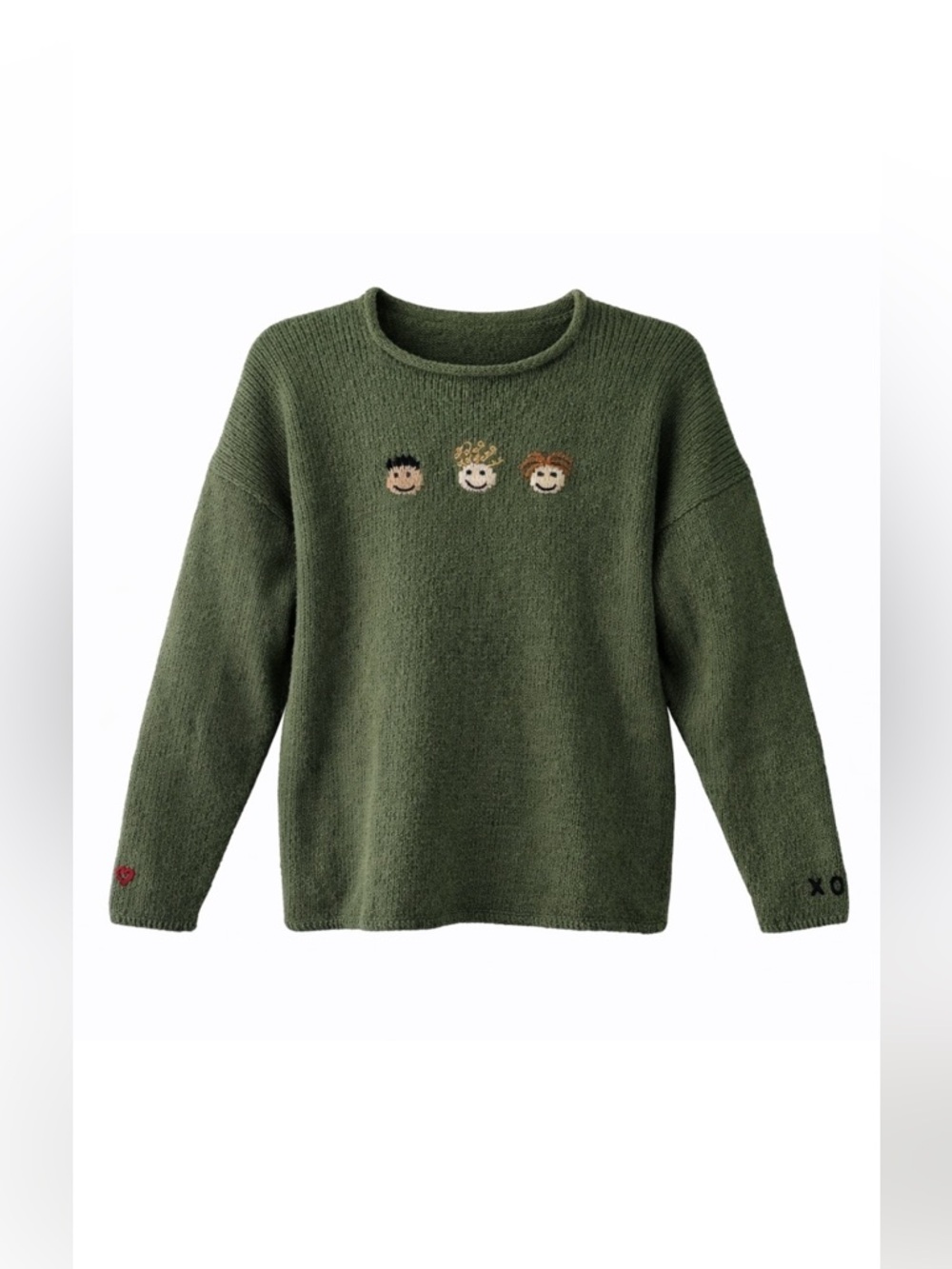 Hand-Knit Green Sweater w/ Whimsical Embroidered Faces Cozy Cottagecore